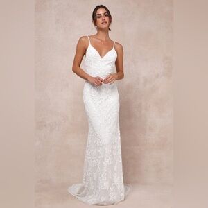 Lulu’s Everlasting Passion White Sequin Beaded Backless Maxi Dress